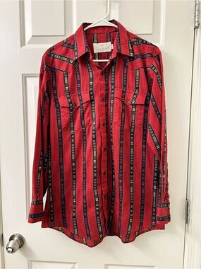 Vintage Longhorn Niver Western Wear Shirt Mens Red Aztec Striped Button Up USA